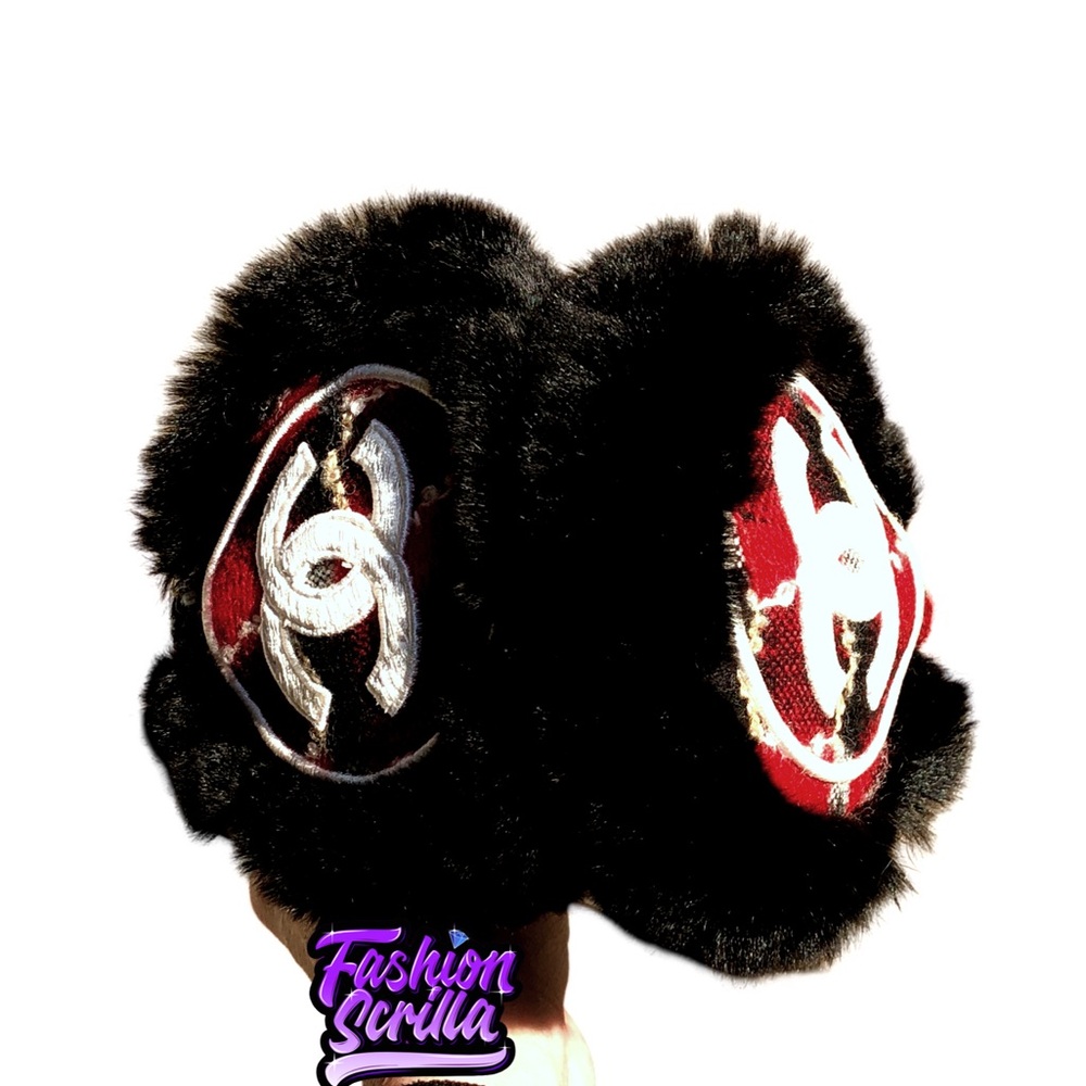 Chanel Couture Black Orylag Fur Red Gray & White Tweed Earmuffs - Picture 4 of 14